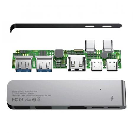 Переходник Baseus для MacBook HUB TB3 C+ (Dual Type-C to USB3.0/HDMI/Type-C) (CAHUB-B0G) Deep Grey, тёмно-серый