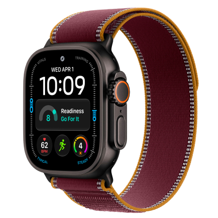 Apple Watch Ultra 4, 49 мм корпус из титана цвета «Black», ремешок Trail Loop цвета «Burgundy» размера S/M